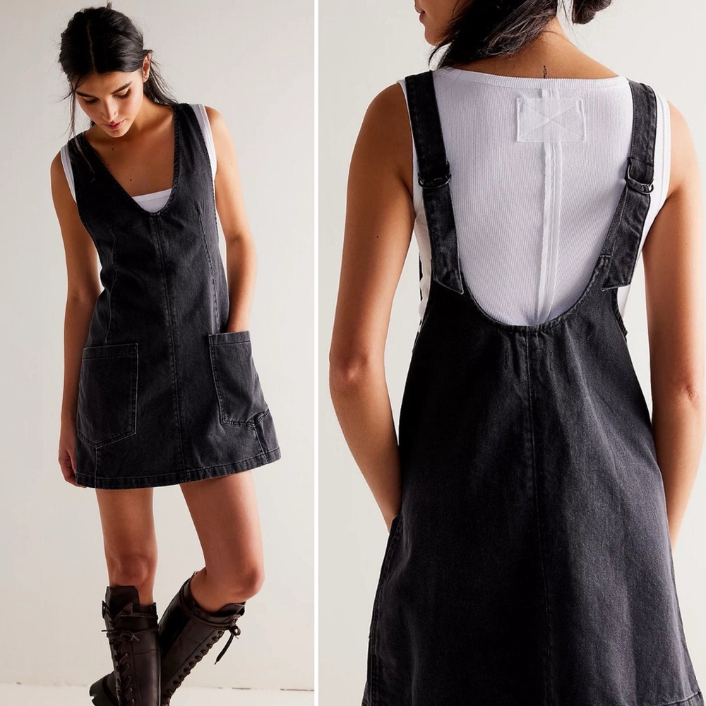 Free People High Roller Skirtall Dress Denim Black Mini Pinafore Casual Boho Med